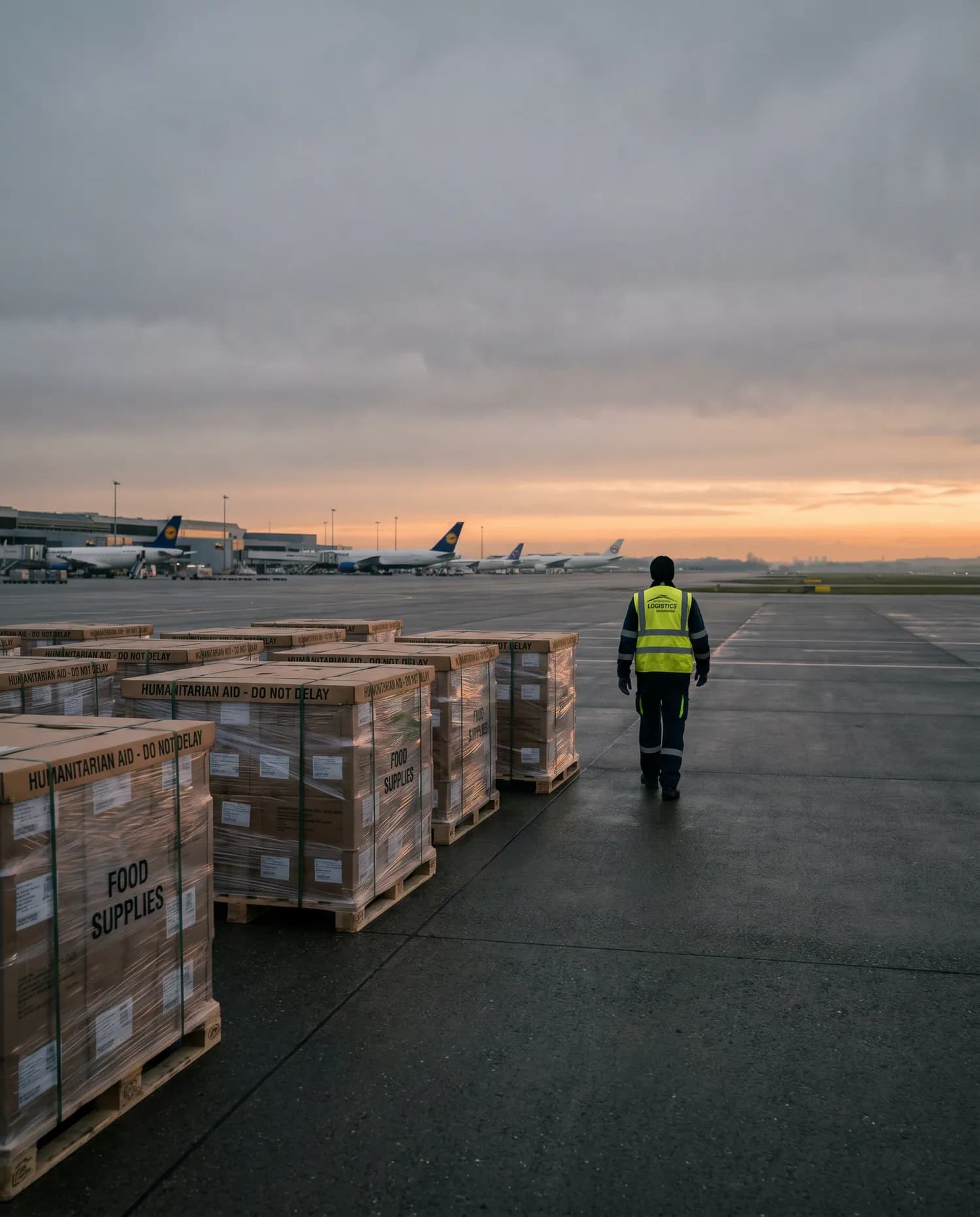 A documentary 4:5 frame evoking disaster response team flights — natural light, single subject, calm composition.