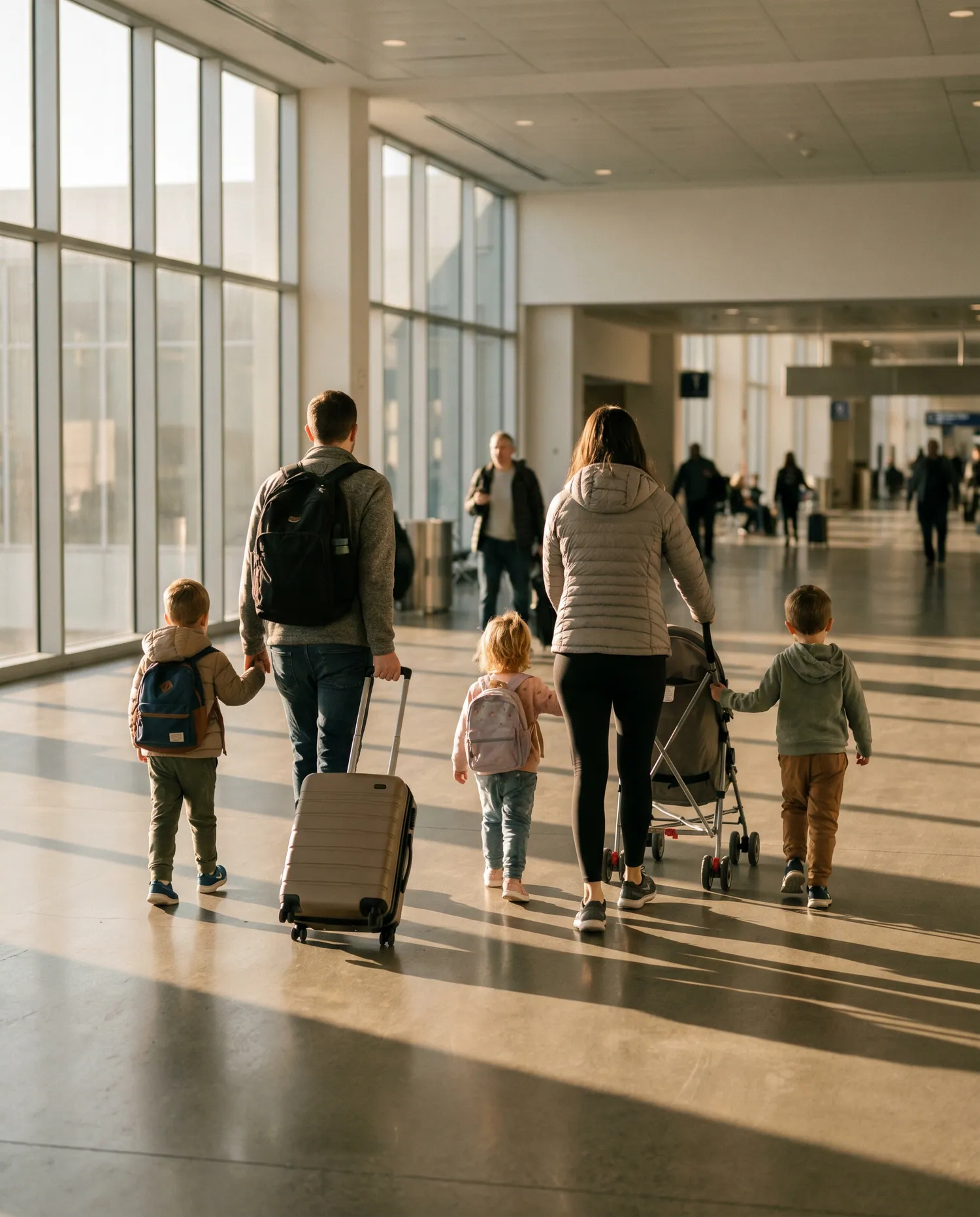 A documentary 4:5 frame evoking missionary family relocation flights — natural light, single subject, calm composition.