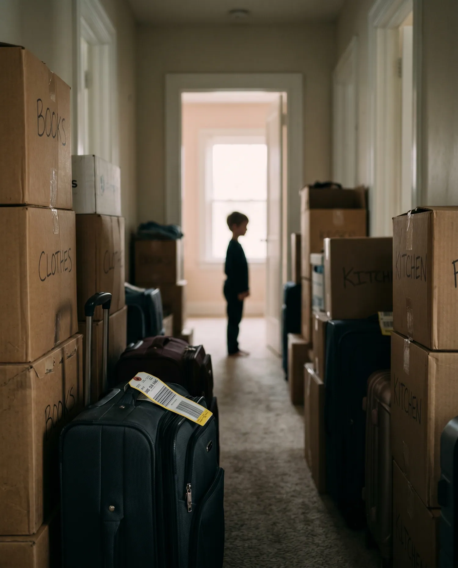 A documentary 4:5 frame evoking long-term missionary relocation — natural light, single subject, calm composition.