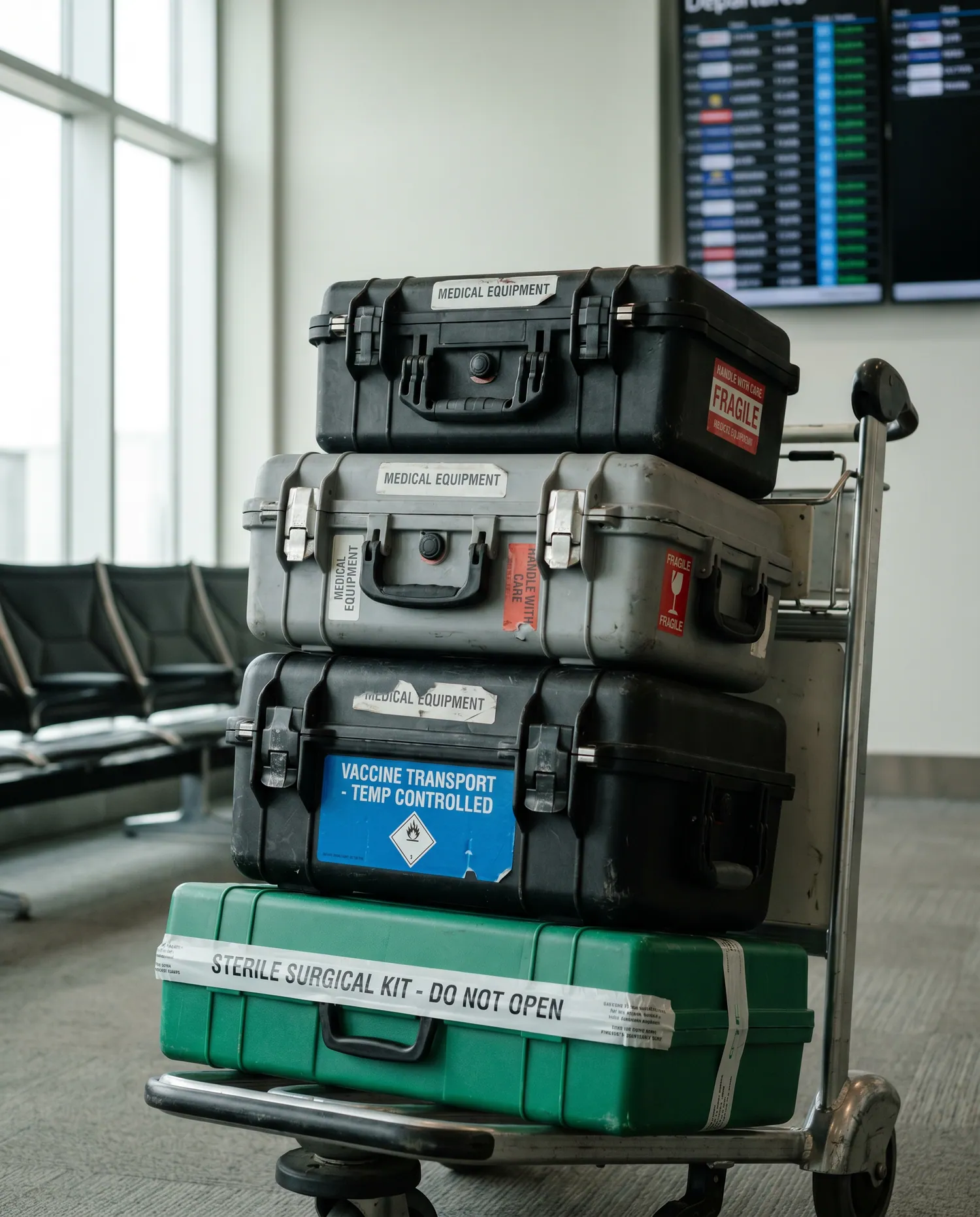 A documentary 4:5 frame evoking medical mission flights — natural light, single subject, calm composition.