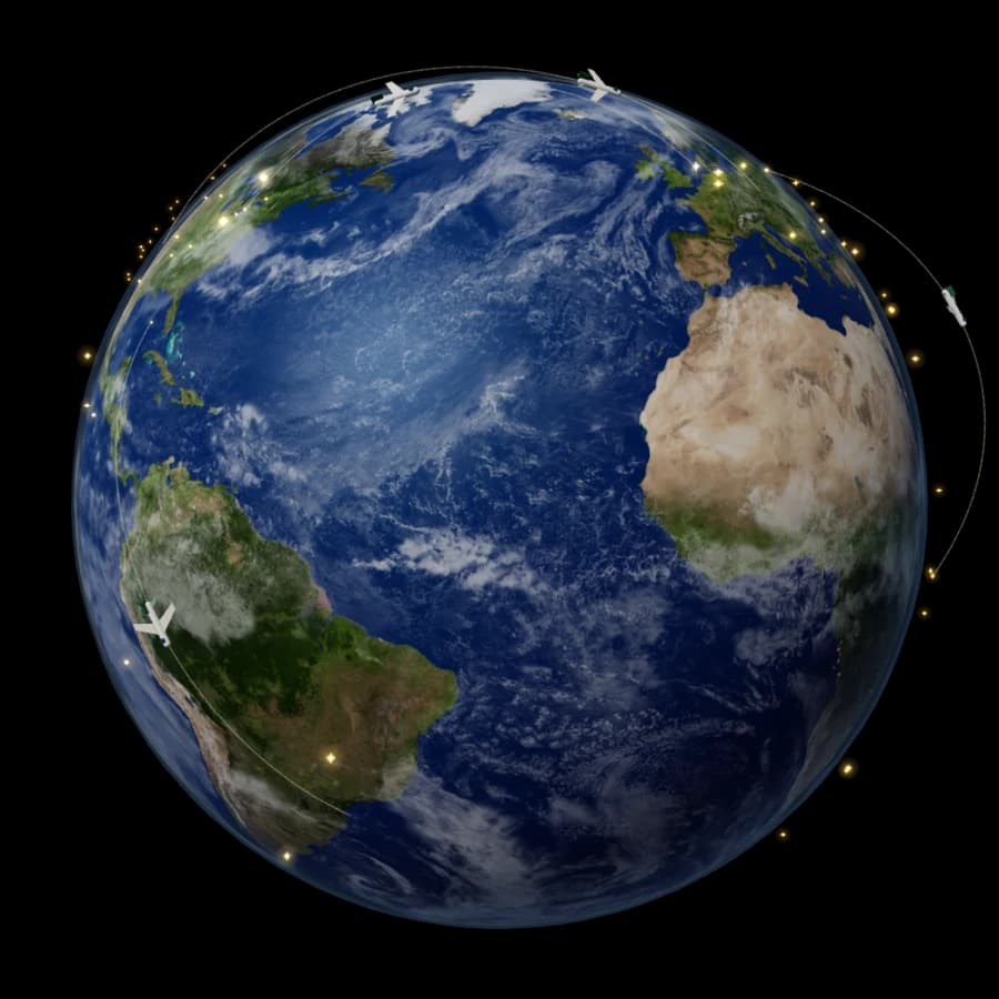 Earth seen from space, with clouds over the Atlantic and travel destinations across continents